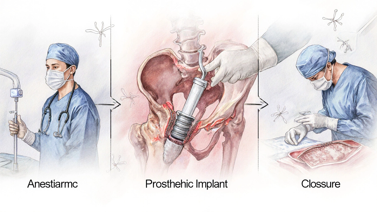 Timeline illustration showing stages of hip replacement surgery from anesthesia to closure.