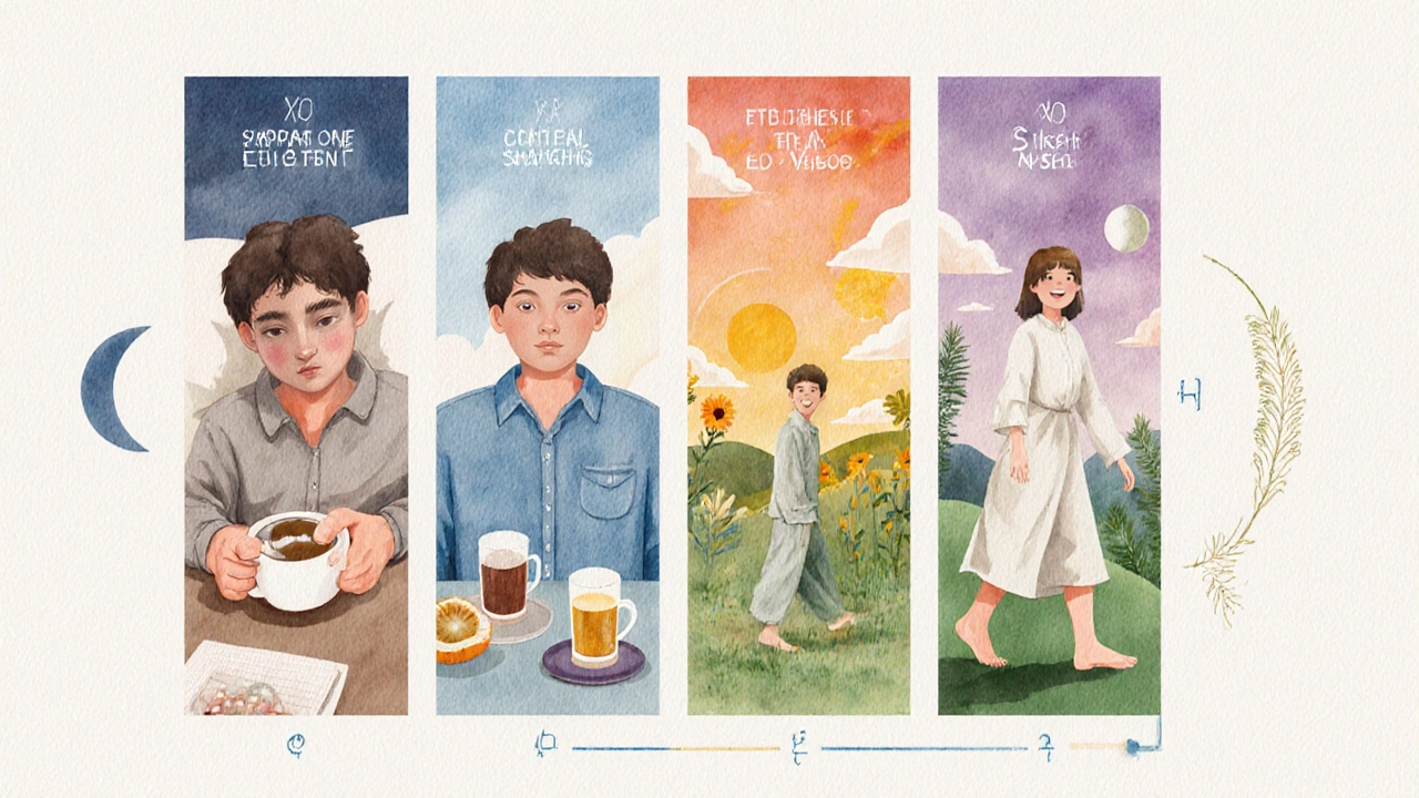 Timeline of transformation from fatigue to vitality through Ayurveda, showing morning routines and connection to nature.