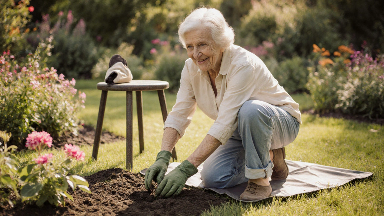 Woman gardening comfortably on a kneeling pad after knee replacement.