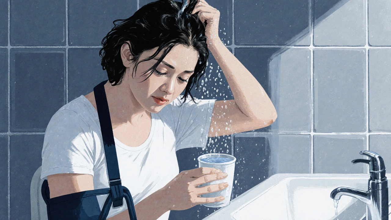 Woman in shoulder sling washing hair with a cup of water, expressing quiet struggle.