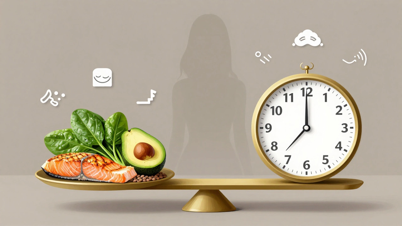 A balanced scale with healthy foods on one side and a clock showing 14-16 hours on the other.