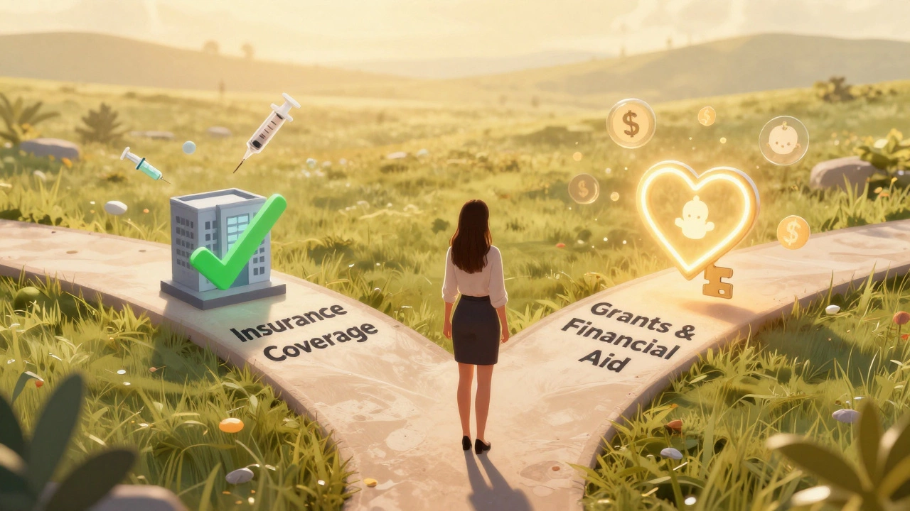 A woman at a crossroads with three paths representing insurance, employer benefits, and grants for IVF.