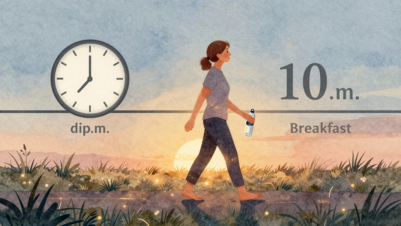 A woman walking at sunset with a water bottle, surrounded by symbols of a 14-16 hour fast.