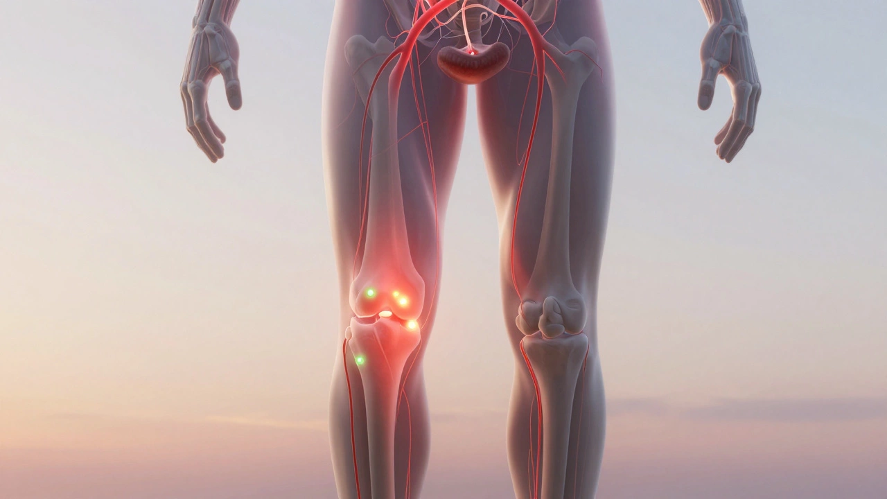 Artistic overlay of nervous system connecting knee and bladder, with dimming and reviving signal paths.
