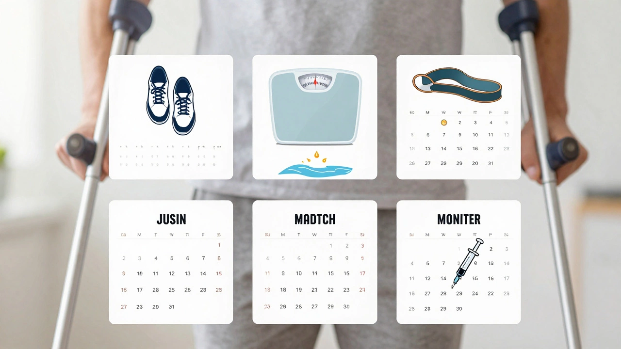 Calendar with daily icons representing weight loss, exercise, and injections, symbolizing non-surgical arthritis management.
