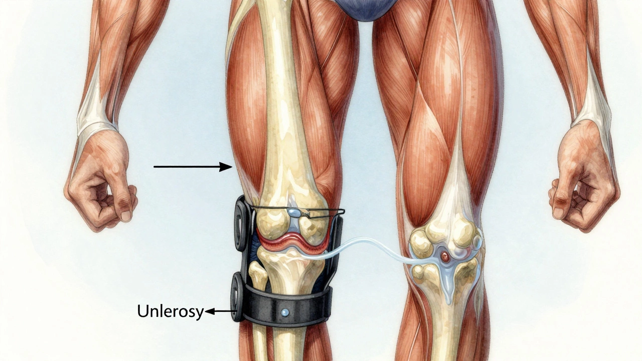 Cross-section of a knee joint showing bone contact, strong muscles, and joint lubrication with brace support.