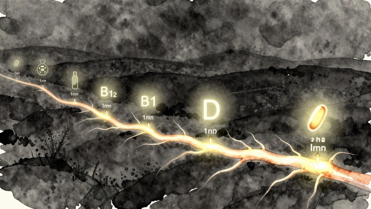 Glowing nerve fiber growing slowly with vitamin icons as guiding lights