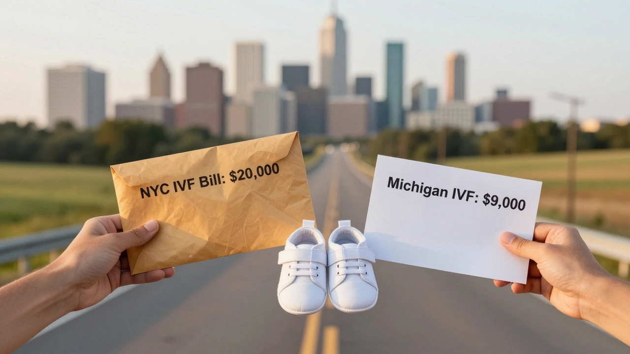 Hands holding contrasting IVF bills with a baby shoe between them, highway leading to open fields in background.