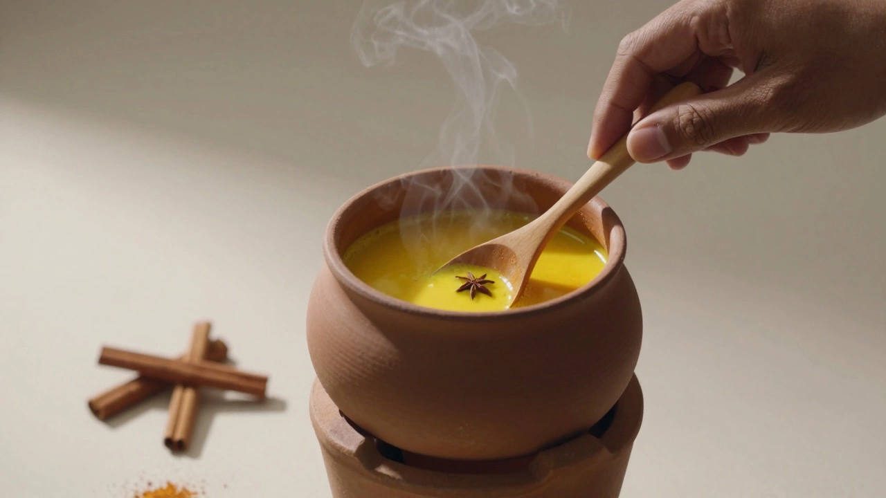 Hands stirring golden milk with turmeric and ginger in a clay pot.