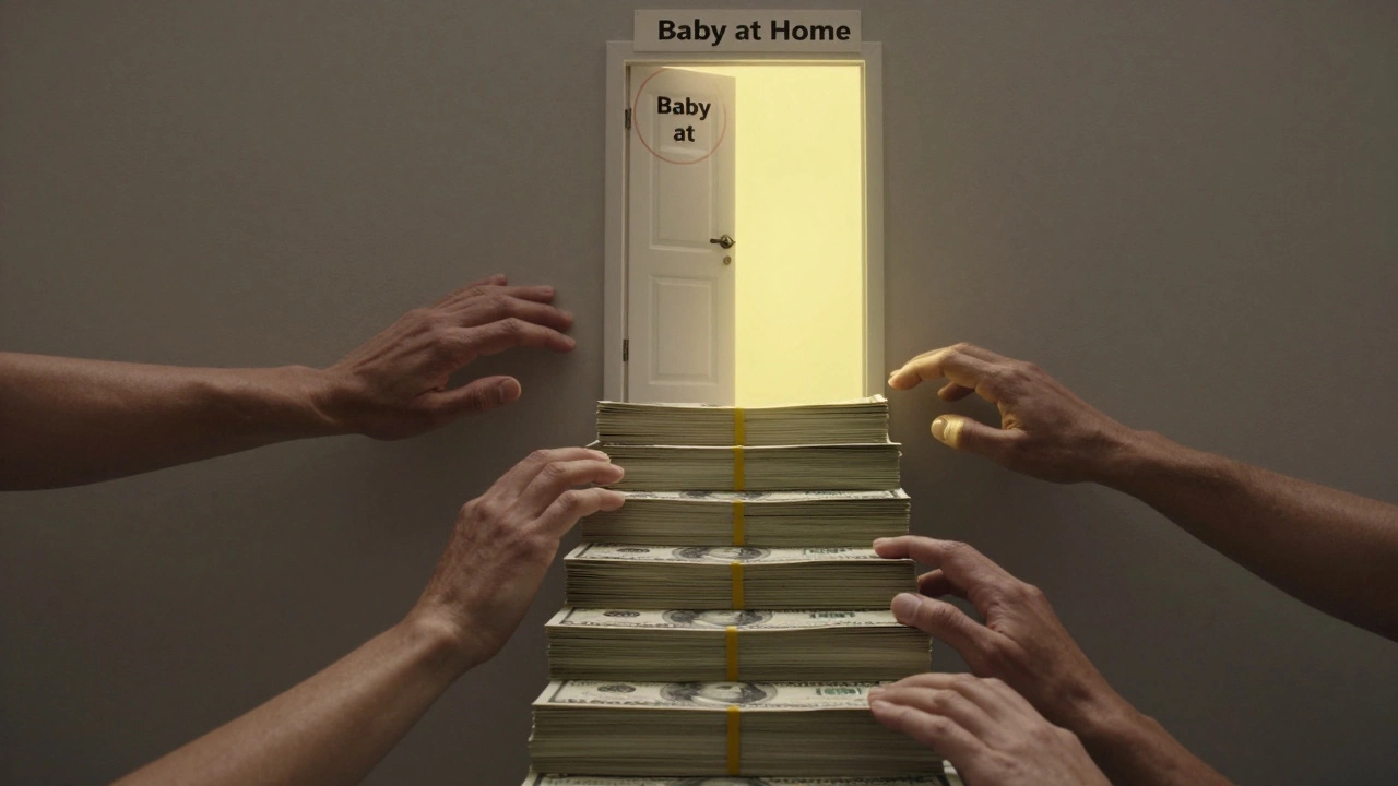 Medical bills forming a staircase leading to a door labeled 'Baby at Home,' with supportive hands helping climb.