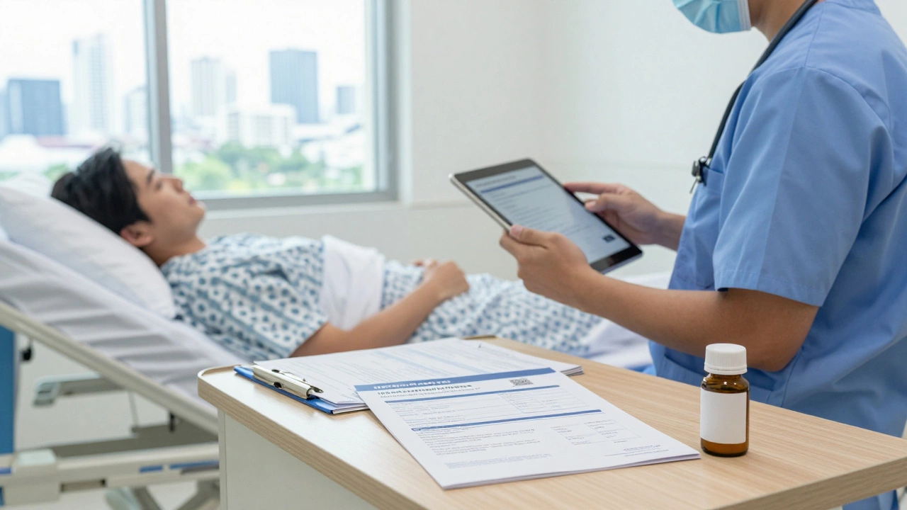 Patient recovering in Thai hospital with insurance documents and flight details on table