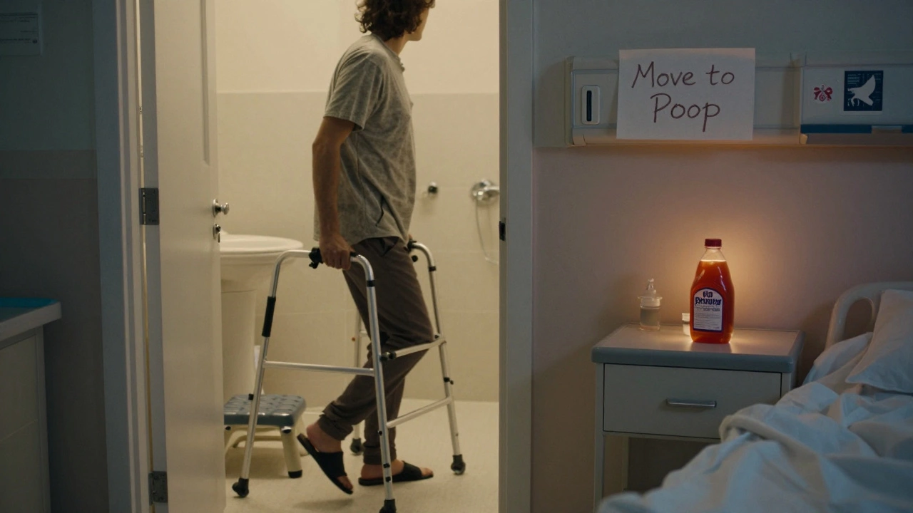 Patient taking a small step with walker near bathroom, footstool and prune juice visible on nightstand.