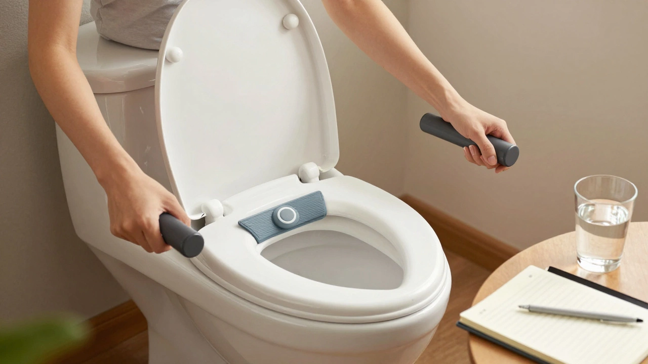 Person using raised toilet seat at home with urinal and heating pad, water and notebook on table.