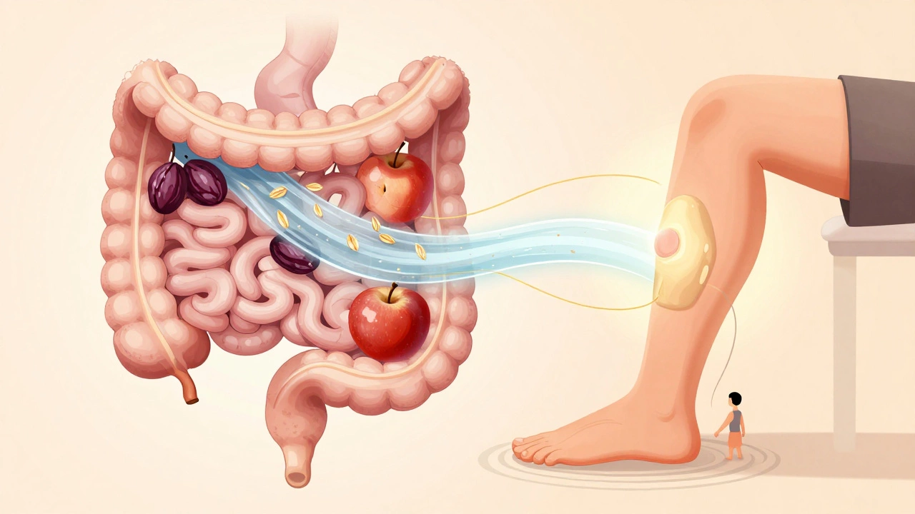 Symbolic illustration of fiber and water flowing through intestines linked to gentle leg movements.