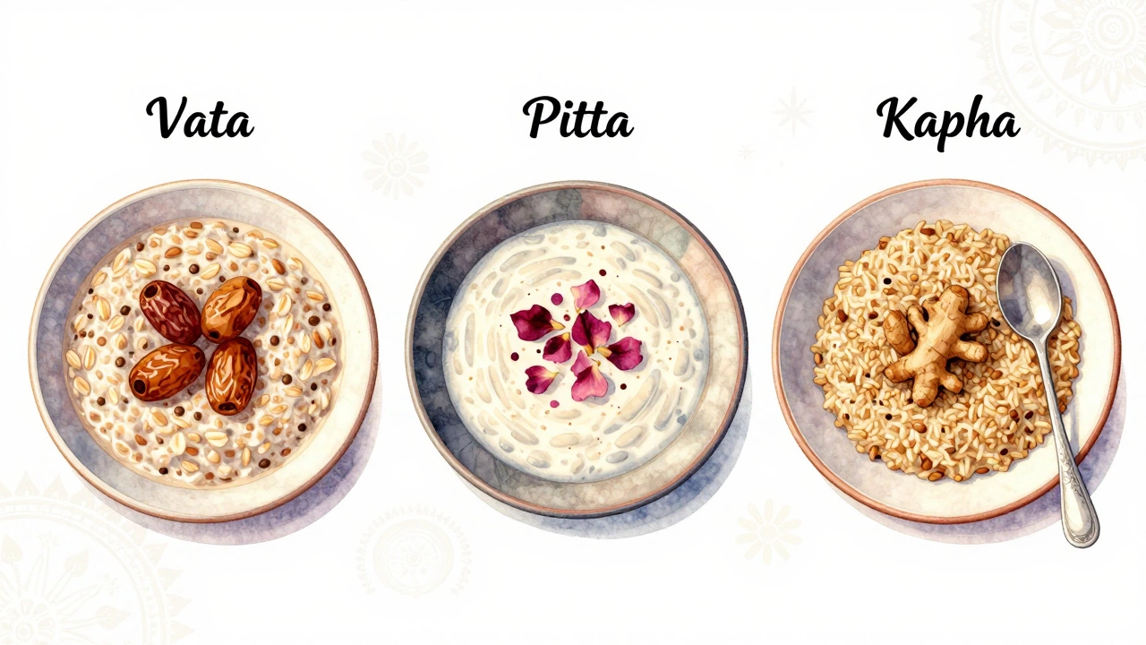 Three breakfast bowls representing Vata, Pitta, and Kapha doshas.