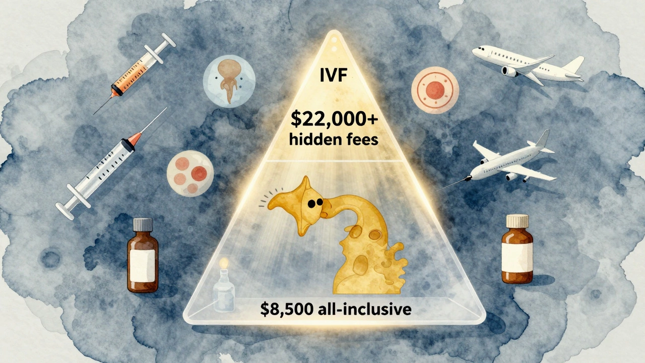 Transparent cost pyramid comparing IVF prices in Michigan and California with travel and medical icons.