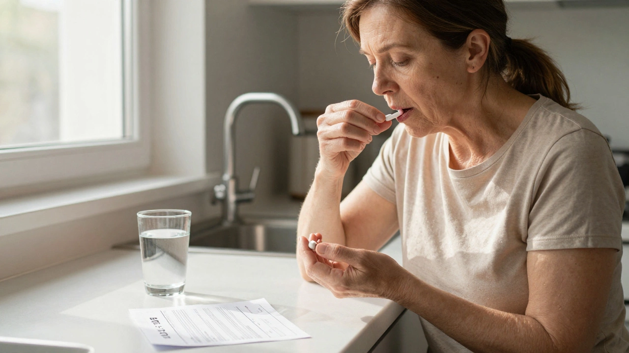Woman taking nerve-repair vitamins at home with blood test results visible