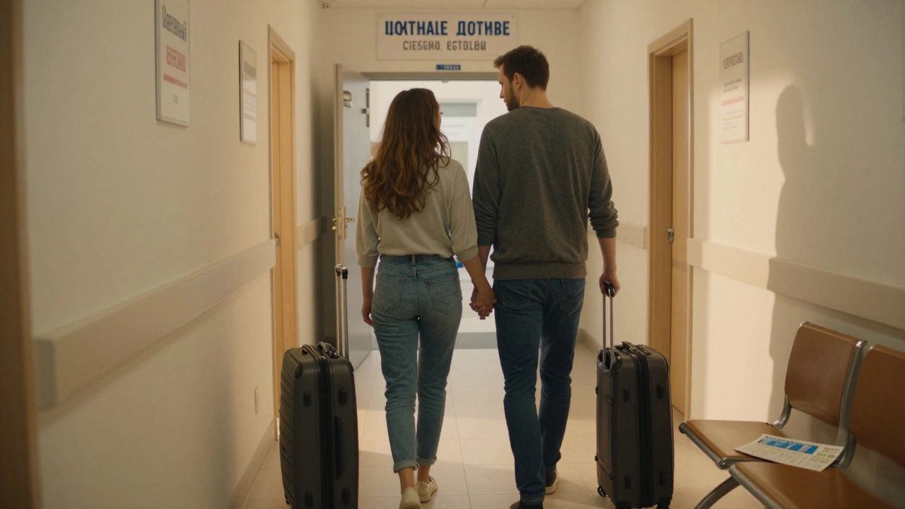 A couple leaving a clinic in Prague with suitcases, bathed in golden light after treatment.