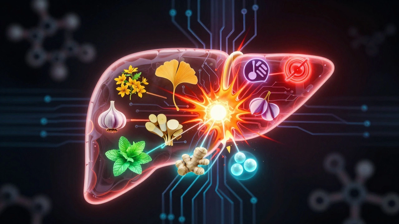 A glowing liver circuit board with clashing herbal signals in red and safe ones in blue-green.