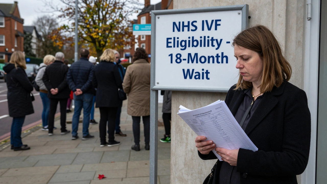 A woman waiting in a long NHS IVF eligibility queue under grey autumn skies.