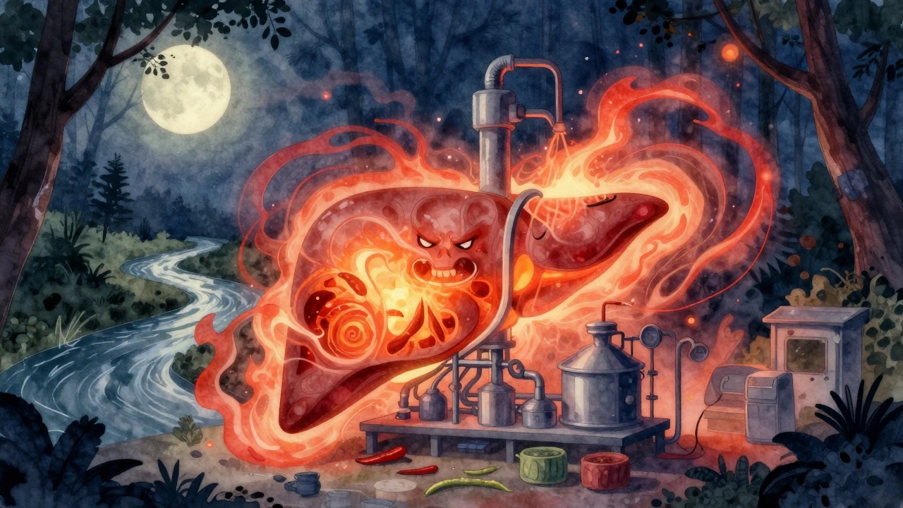 An abstract liver as a glowing factory surrounded by red and orange energy waves, symbolizing Pitta imbalance under moonlight.