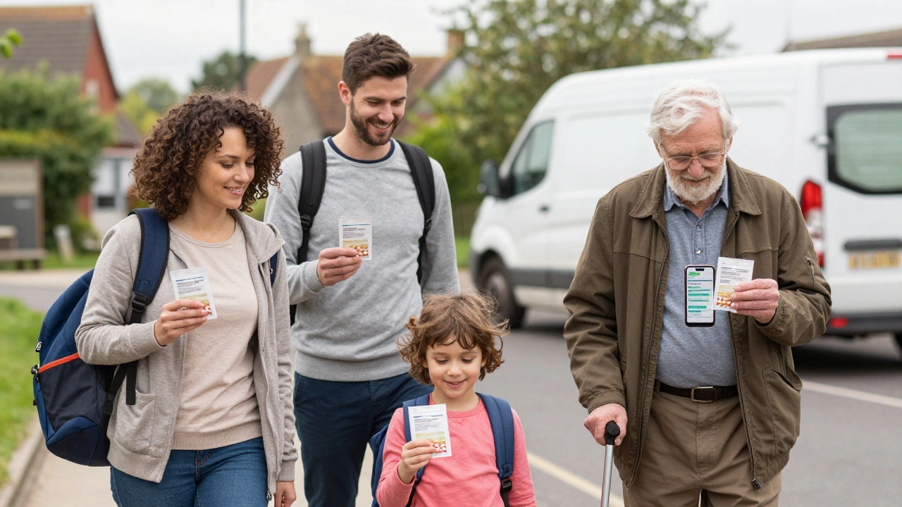 Diverse individuals holding medication packages in everyday UK settings
