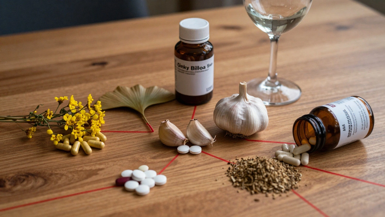 Five dangerous herb and medication pairings on a table with red warning lines connecting them.