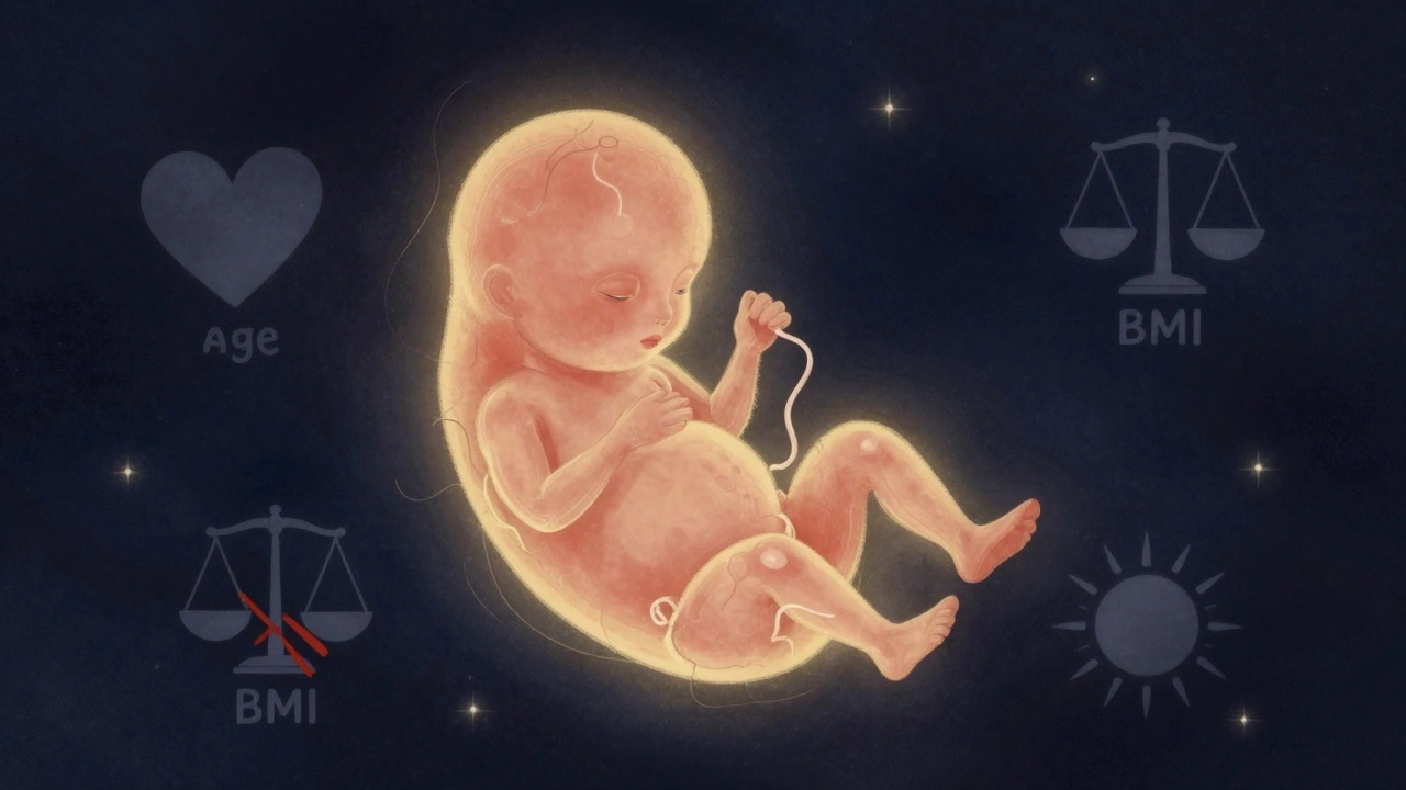 Glowing embryo in starry field with icons for age, BMI, smoking, and vitamin D, symbolic and ethereal.