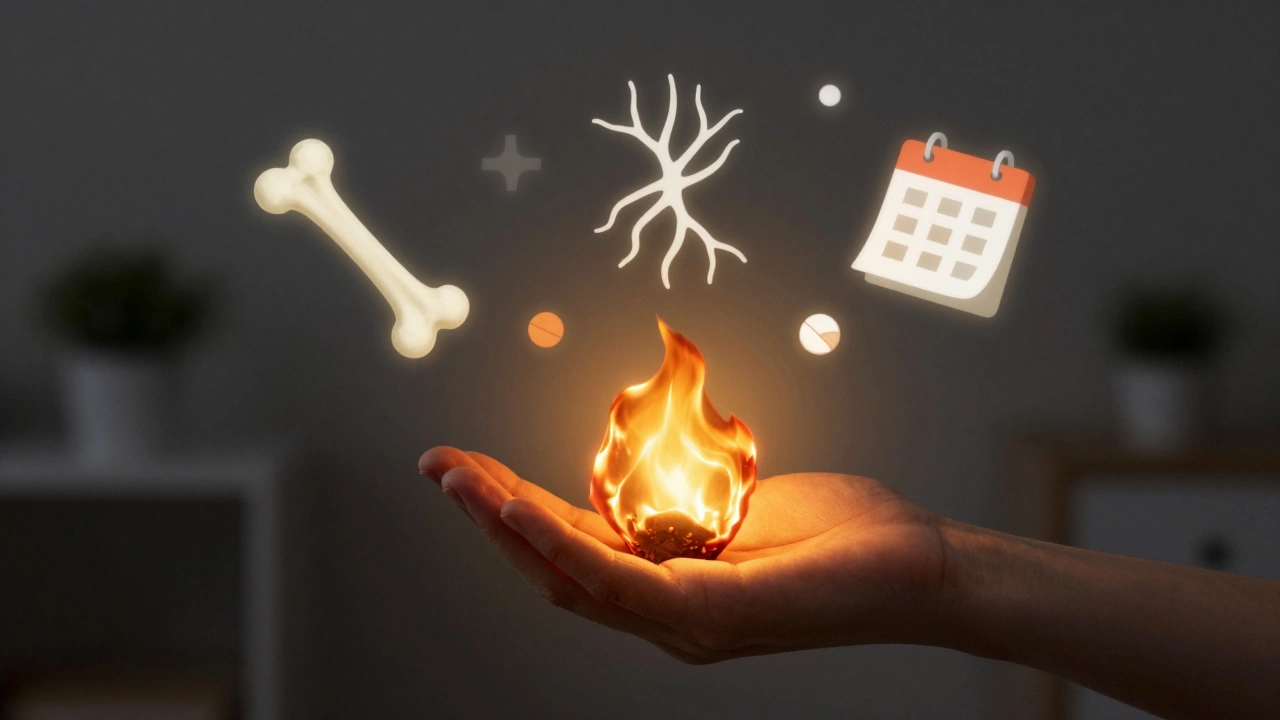 Hand holding a glowing ember surrounded by symbols of cancer pain, representing its unpredictable nature.