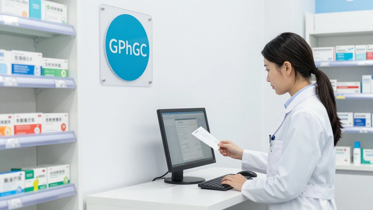 Pharmacist reviewing digital prescription with GPhC registration displayed