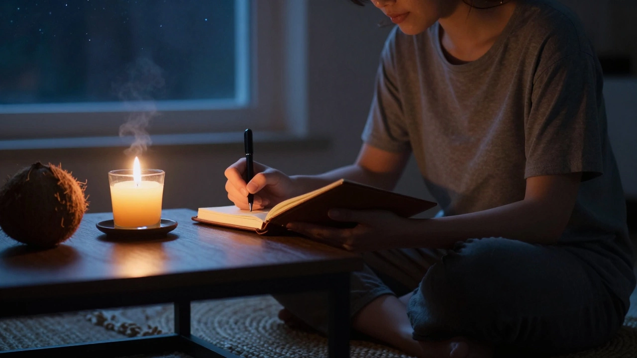 Someone writing in a journal at 3 a.m. by candlelight, calm and reflective, with a cup of warm water nearby.