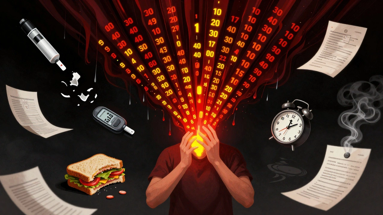 Surreal scene of wild blood sugar numbers and medical supplies swirling in a storm.