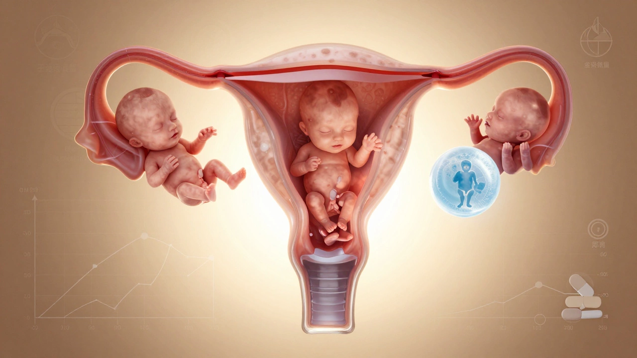 Three transparent uterine linings showing different embryo outcomes, backlit by warm light, lifestyle icons faintly visible.