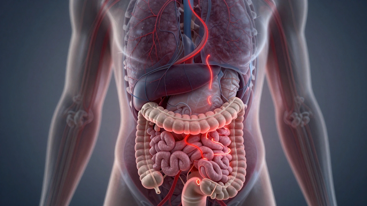 Translucent human torso with tumors pressing on nerves and organs, glowing pain pathways in muted tones.