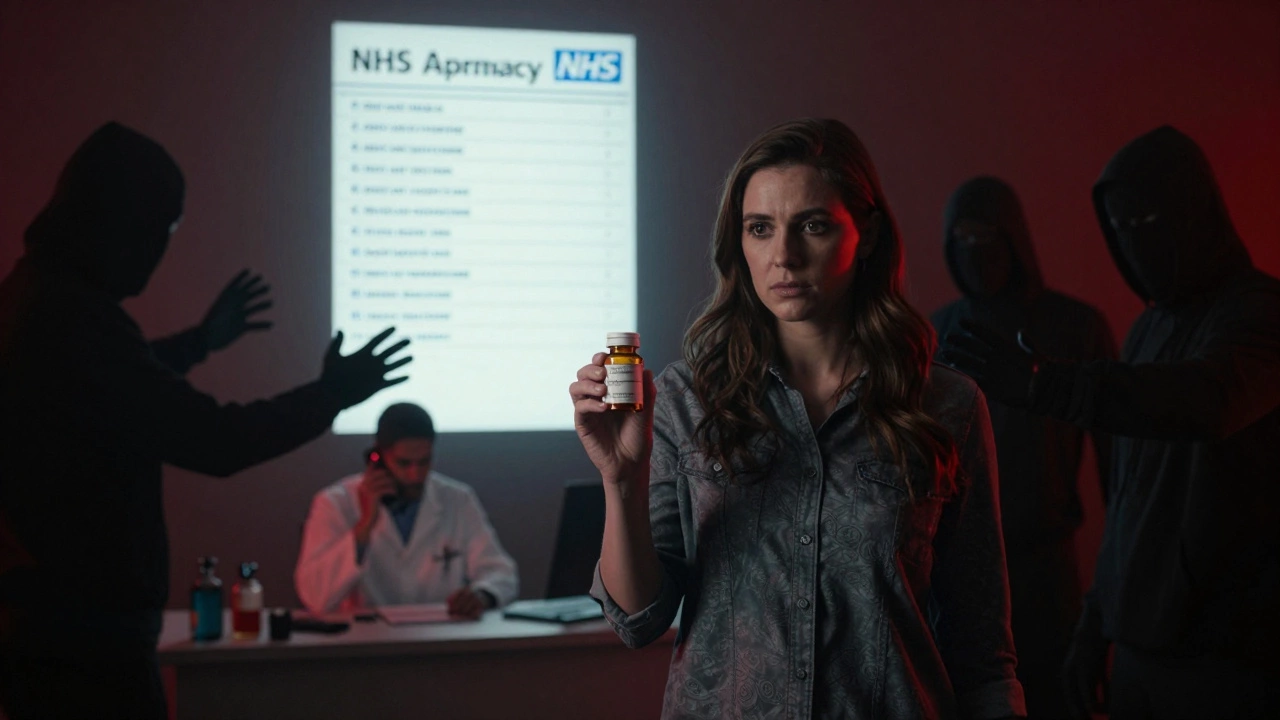 Woman holding fake medicine as shadowy figures loom, with NHS-approved pharmacy list glowing in background.