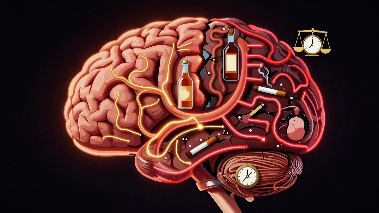 A symbolic brain illustration showing healthy and chaotic neural pathways linked to addiction, poor health, and disorganization.