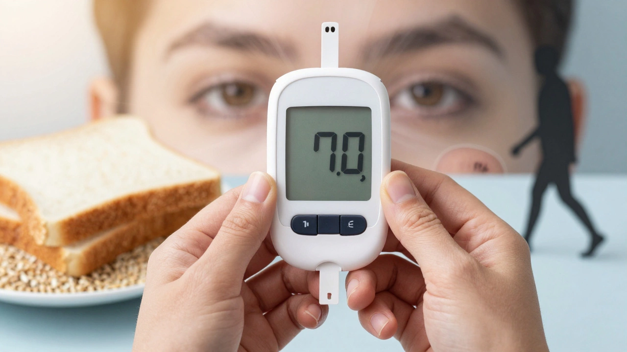 Blood glucose meter showing high reading with blurred vision and unhealed wound