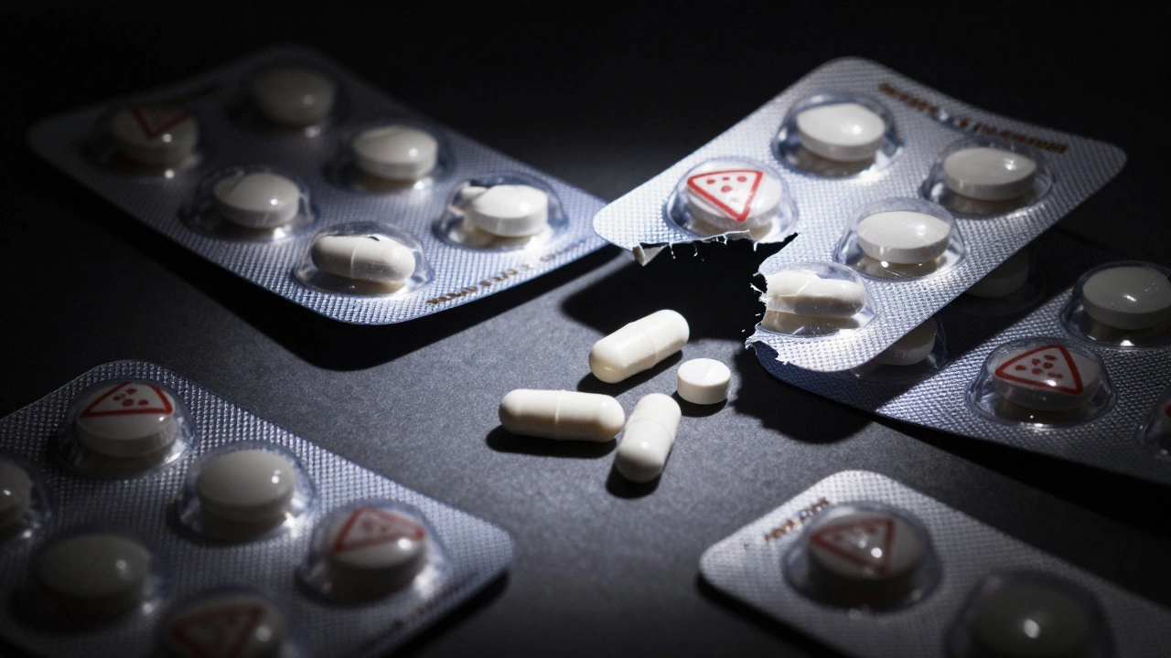 Counterfeit pills with red warning symbols and broken packaging