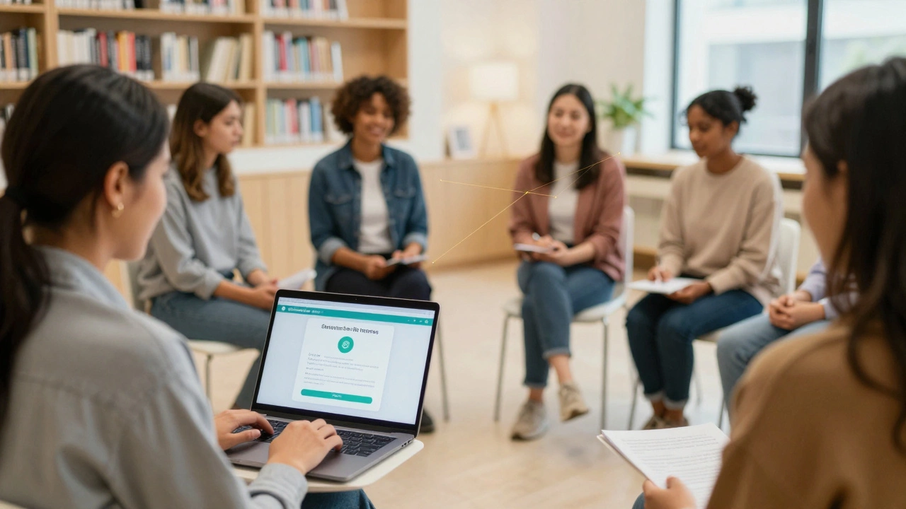 Diverse individuals accessing mental health support through clinics, apps, and group sessions, symbolizing accessible alternatives.