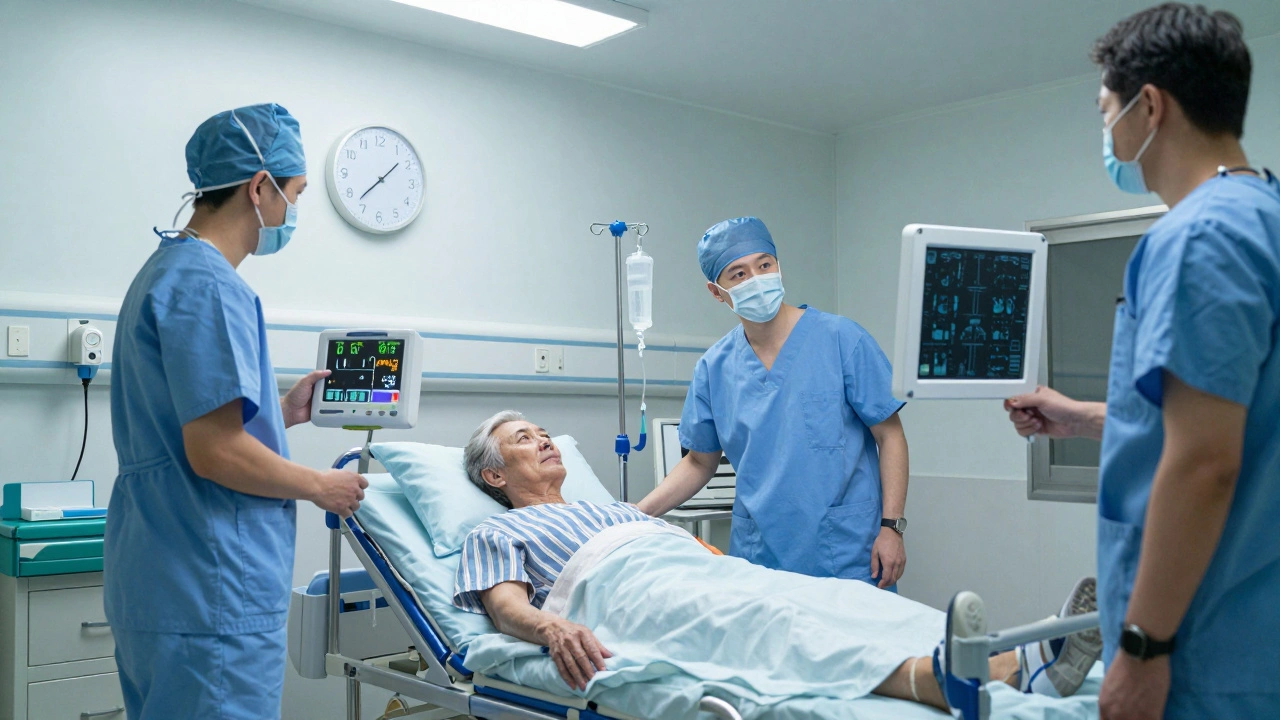 Emergency room staff working urgently on senior patient with hip fracture, X-ray visible, IV drip, clock showing late night.