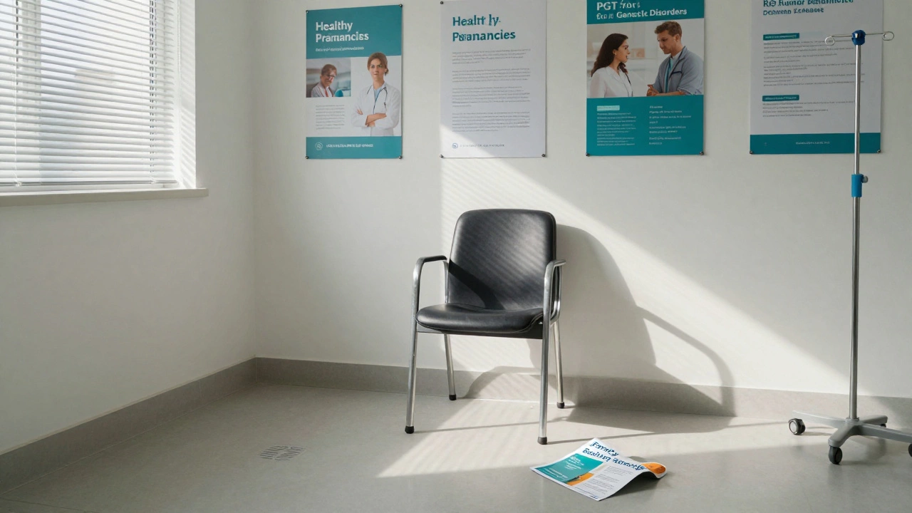 Empty IVF clinic waiting room with sunlight and a discarded brochure about family balancing on the floor.