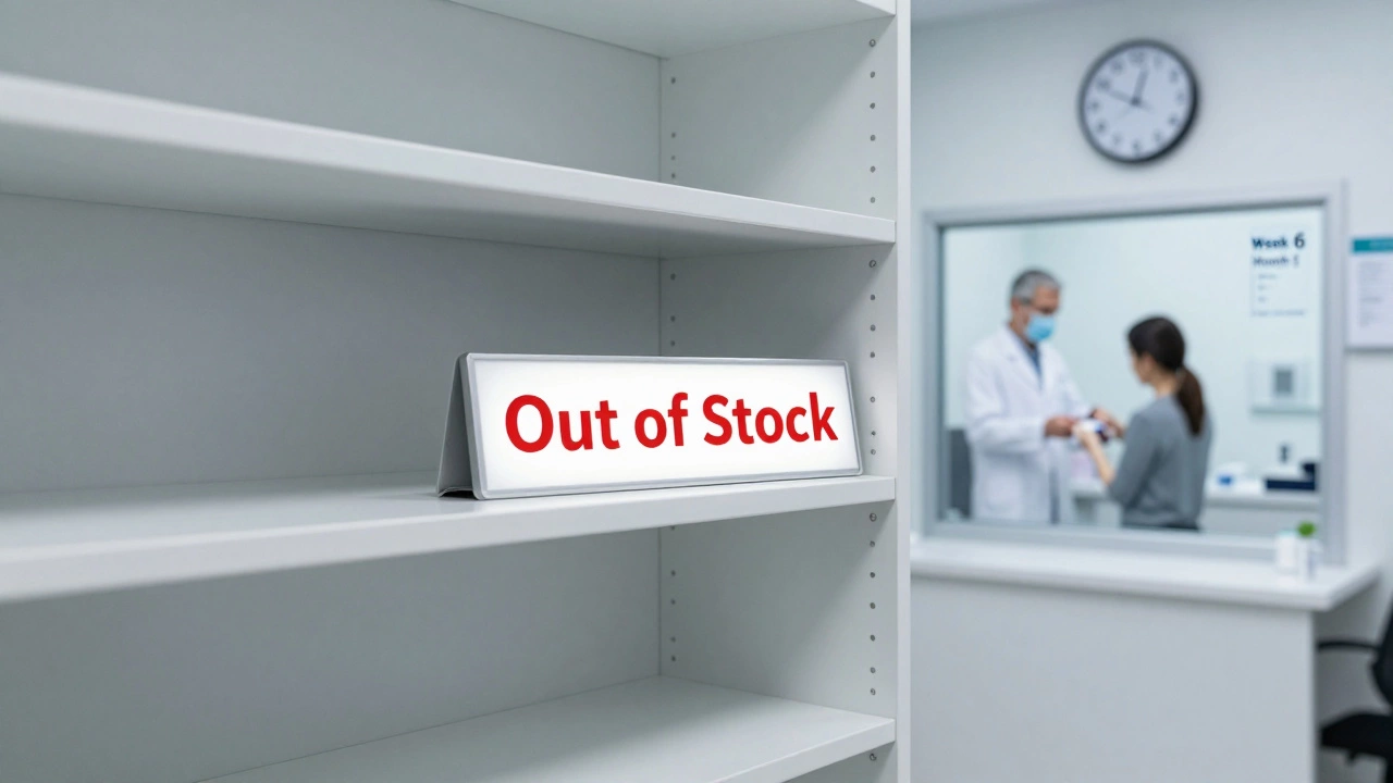Empty pharmacy shelf contrasts with a licensed prescription being given in a medical office.