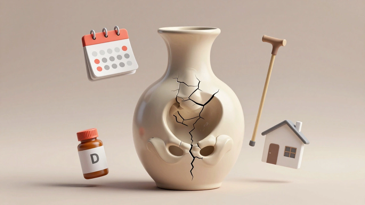 Fragile ceramic hip joint cracked, surrounded by symbols of prevention: cane, vitamin bottle, home safety bars.