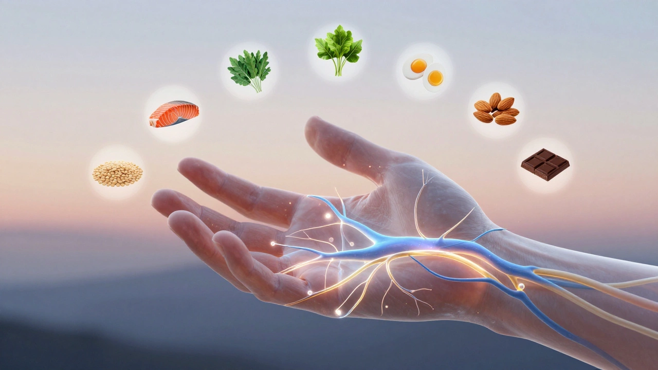 Glowing nerve pathways repairing in a hand, surrounded by symbols of healing foods like salmon, nuts, and dark chocolate.