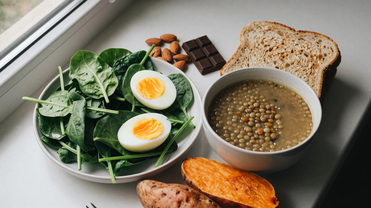Overhead view of a balanced daily meal plan featuring eggs, spinach, almonds, lentil soup, and sweet potato.