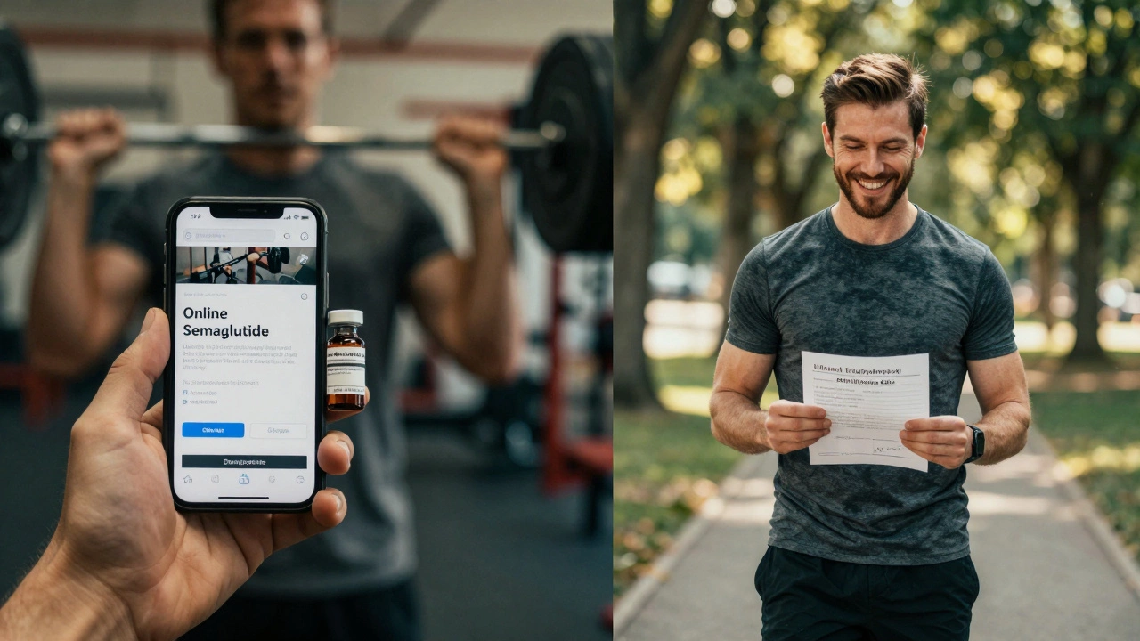 Split scene: one side shows risky online drug use, the other shows healthy progress with a doctor’s note.