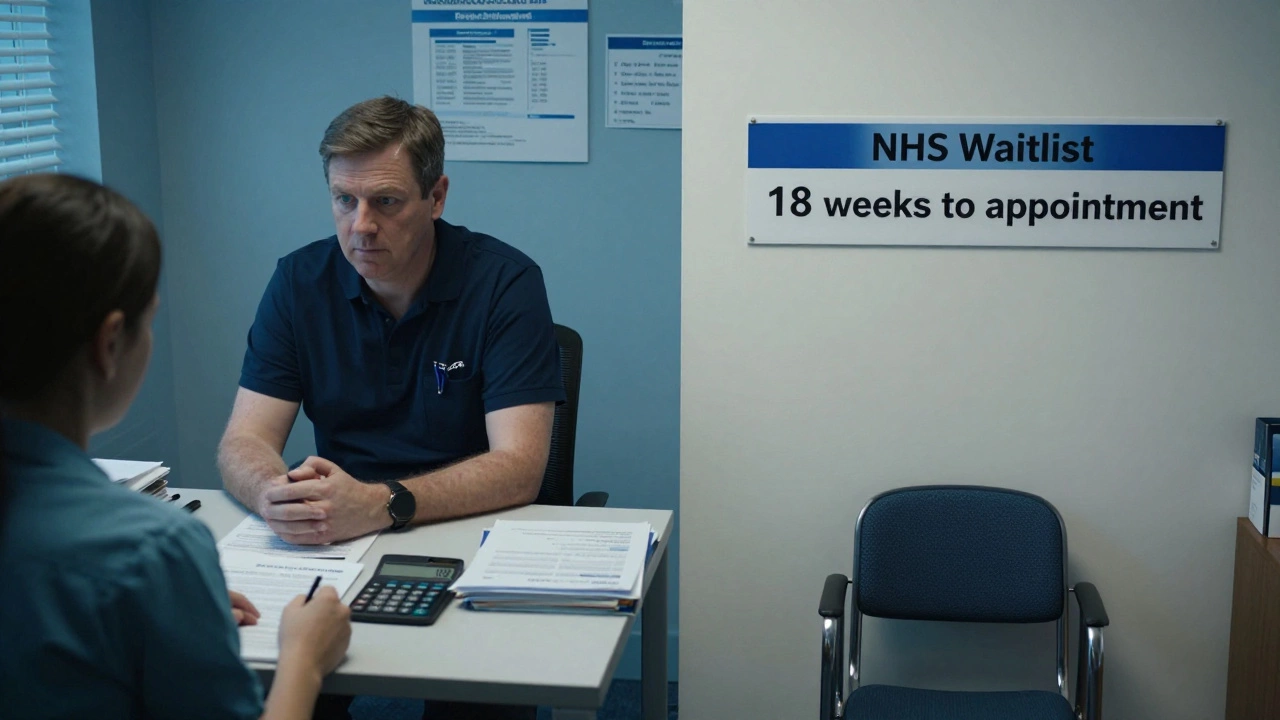 Split scene showing therapist overwhelmed by administrative costs and a long NHS waitlist sign, highlighting systemic barriers.
