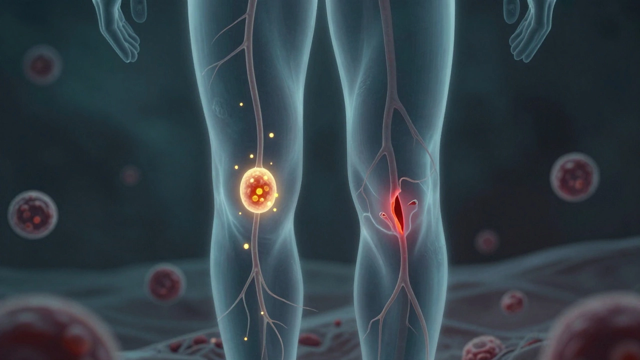 Translucent human body showing glucose trapped in bloodstream and starved cells