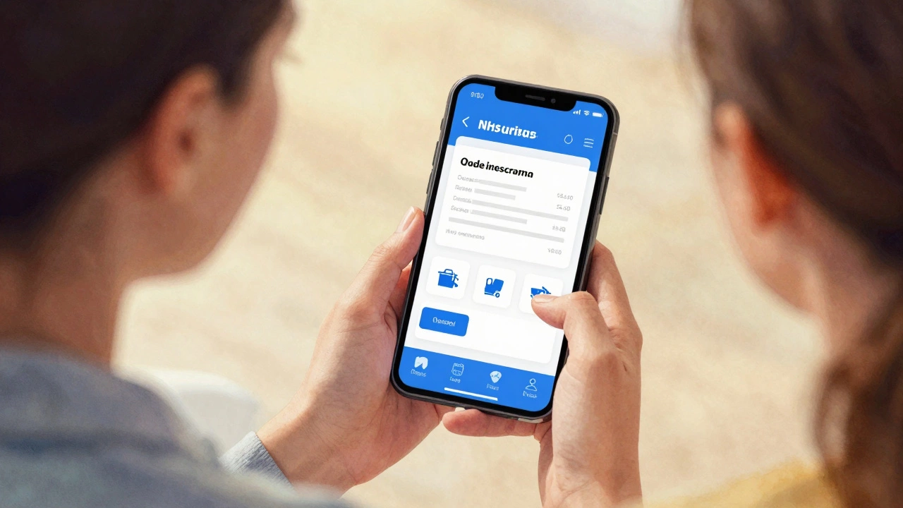 Woman ordering prescription via NHS app with delivery symbol
