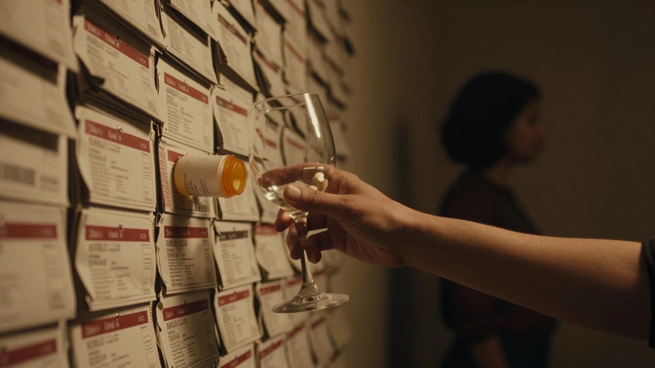 A hand holding wine and pills amid stacked mail, with a partner’s silhouette turned away in the background.